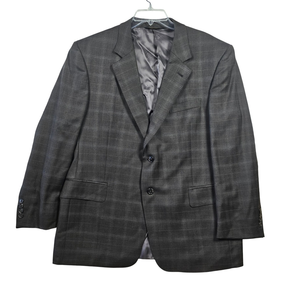 Jos A Bank 44S Wool Blazer Grey Windowpane Plaid Jacket Sport Signature Gold